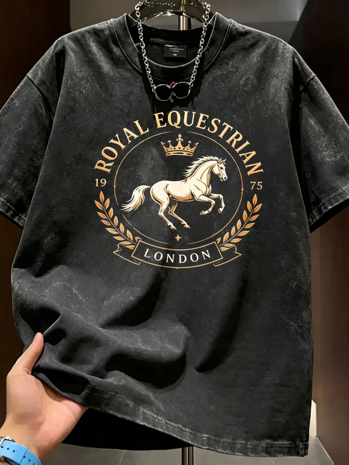 Summer New Washed Short-sleeved T-shirt, Men's Retro Royal Equestrian London Print Youth Loose Casual Street Tee_viptrois.com