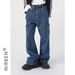 Unisex Streetwear Wide Leg Denim Pants Cargo Jeans with Utility Pockets Loose Fit Washed Blue And Grey for Men And Women_viptrois.com