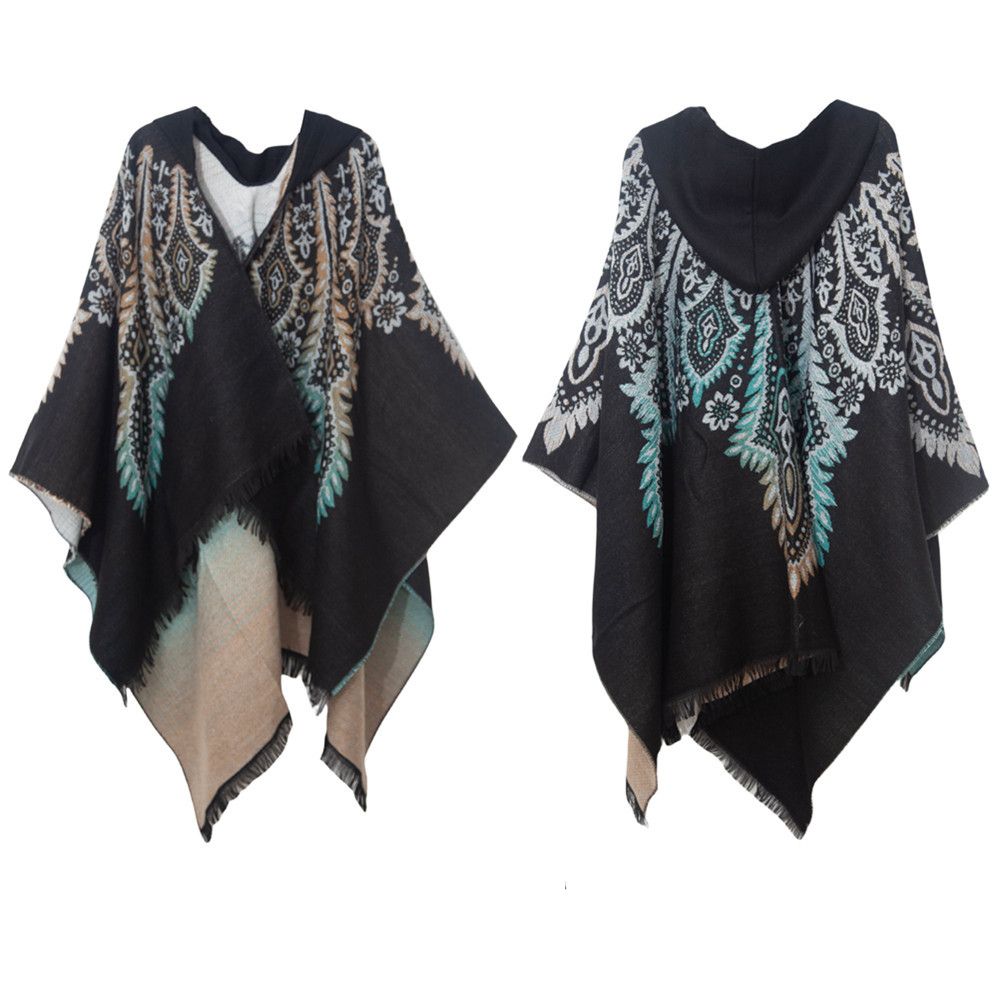 Unisex Peacock jacquard black and blue hooded cape cape_viptrois.com