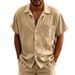 Summer Linen Jacquard Shirt Vertical Stripes Turn-down Collar Button Loose Breathable Casual Men's Short Sleeve_viptrois.com