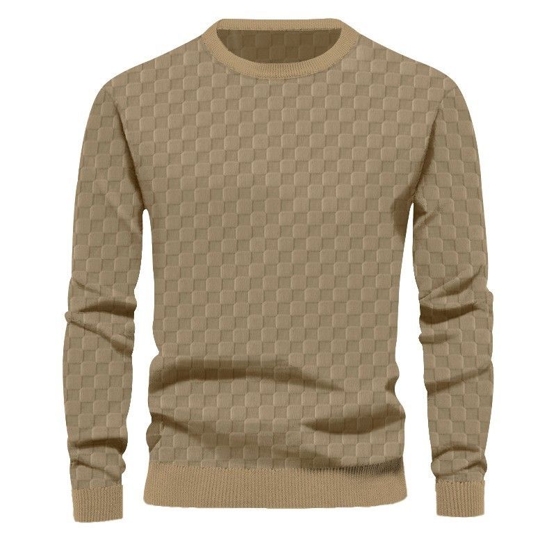 Men's Knitted Sweater Autumn Winter Heavyweight Jacquard Checkerboard Round Neck Casual Long Sleeve Top American Style_viptrois.com