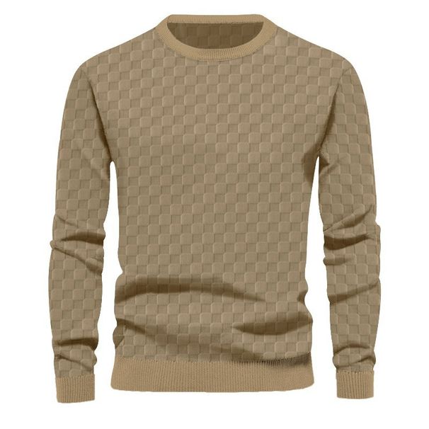 Men's Knitted Sweater Autumn Winter Heavyweight Jacquard Checkerboard Round Neck Casual Long Sleeve Top American Style_viptrois.com