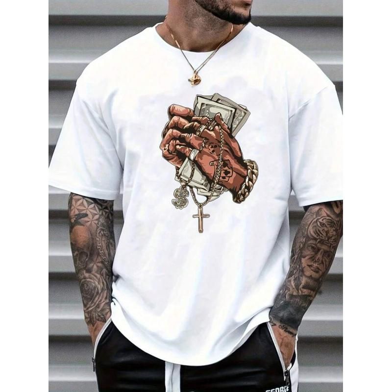Camiseta Manga Corta Con Estampado Cruzado Gesto Mano Casual De Verano Para Hombres_viptrois.com