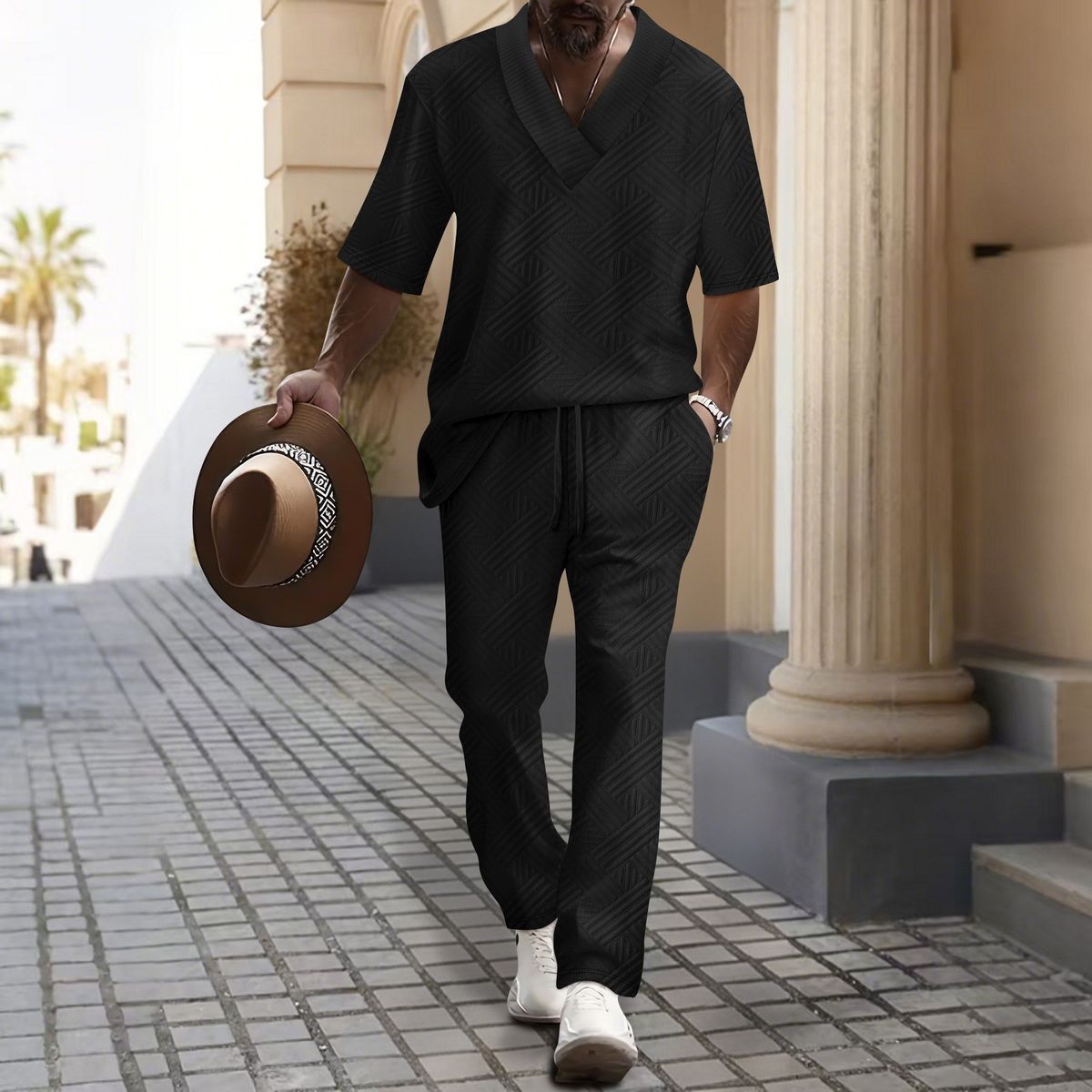 Men's Clothing Casual Short Sleeved Trousers Sweetheart Collar Solid Color Versatile Jacquard Summer Suit_viptrois.com