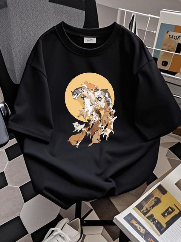 Dog Wave Sketchbook Series Men's T Shirt In Black Japanese Style Art Cute Graphic Unisex Stylish Designer Clothes Breathable Homme Versatile_viptrois.com