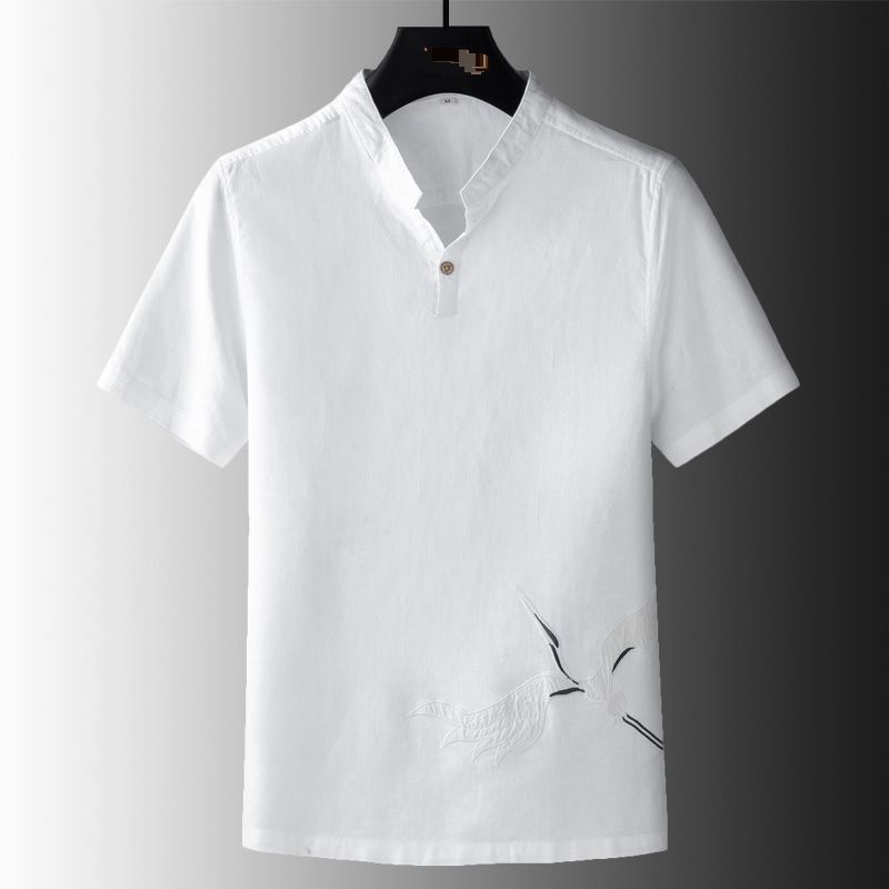 2024 New Fashion Embroidered Pullover Stand-up Collar Short-sleeved T-shirt Men's Summer Slim-fit High-end Handsome Versatile Top_viptrois.com