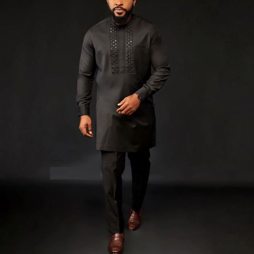 Men'S Ethnic Style Suit Shirt And Solid Color Pants 2-Piece Set_viptrois.com
