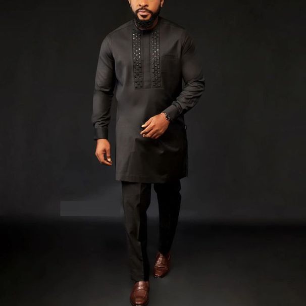 Men'S Ethnic Style Suit Shirt And Solid Color Pants 2-Piece Set_viptrois.com