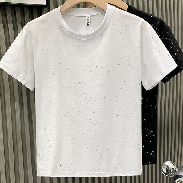 Trendy Brand Short-sleeved T-shirt Men's 2024 New Trend Summer Slim-fit Hot Diamond Round Neck Half-sleeve Trendy Men's Light Luxury T-shirt_viptrois.com