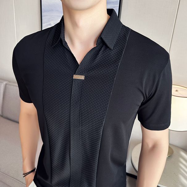Korean Style Slim Fit Men's Polo Shirt Thin Short Sleeved Ice Silk Cotton High Elasticity V Neck Patchwork T Shirt for Summer_viptrois.com