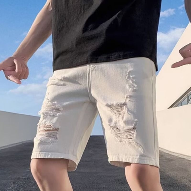 Men's Clothing Casual Straight Trousers Half Pants Five Point Pants Ripped Denim Shorts_viptrois.com