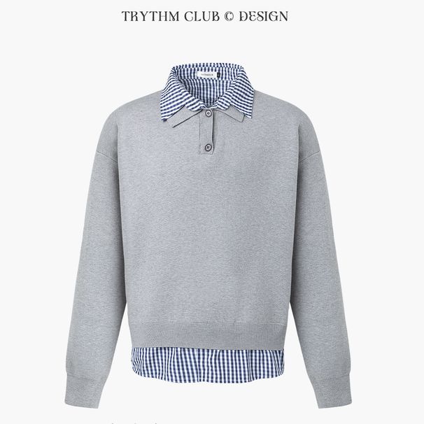 Men's Clothing Plaid Shirt Collar Splicing Two Piece Sweater For Men And Women, Literary Retro Loose_viptrois.com