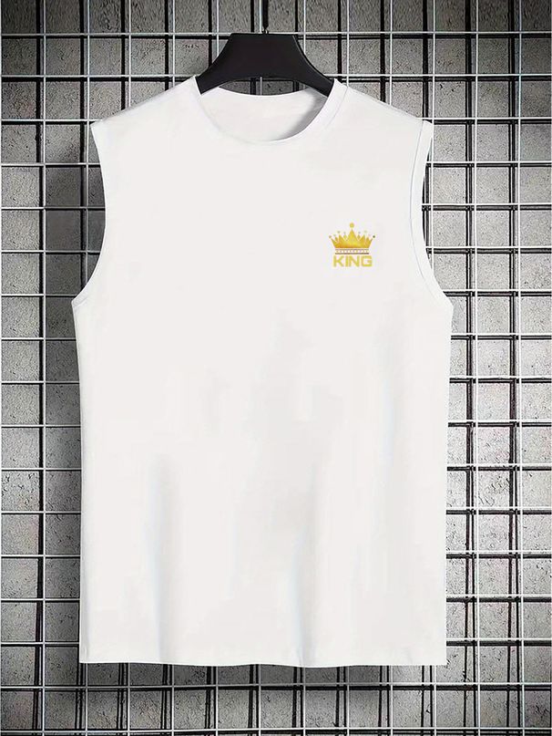 100% Pure Cotton Men's Summer Casual Sports Fitness Loose KING Crown Pattern Printed Breathable Round Neck Sleeveless Vest_viptrois.com