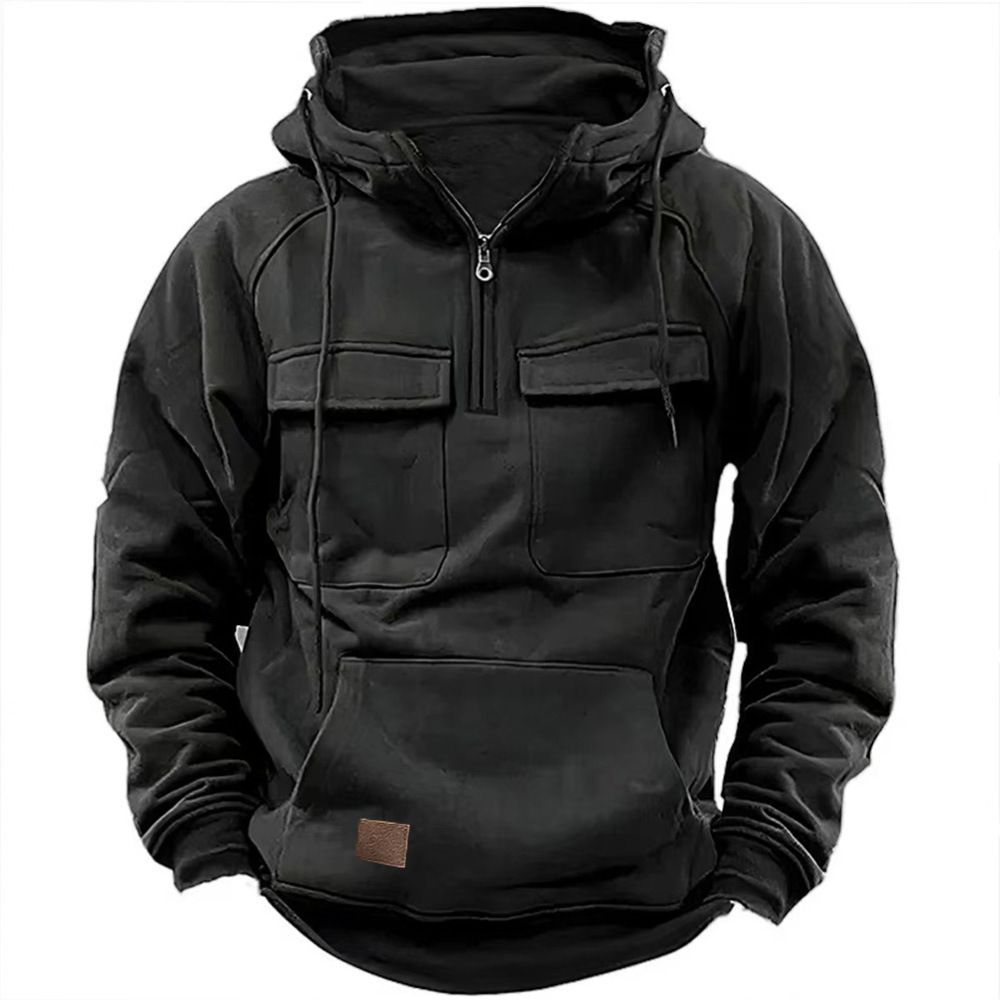 Men's Clothing Autumn and Winter New Men's Hooded Solid Color Sweatshirt Youth Sports Multi Pocket Leather Sweatshirt Jacket_viptrois.com