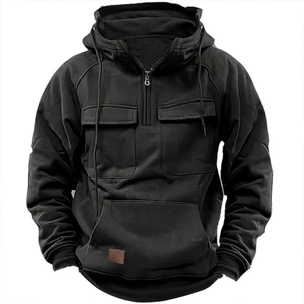Men's Clothing Autumn and Winter New Men's Hooded Solid Color Sweatshirt Youth Sports Multi Pocket Leather Sweatshirt Jacket_viptrois.com