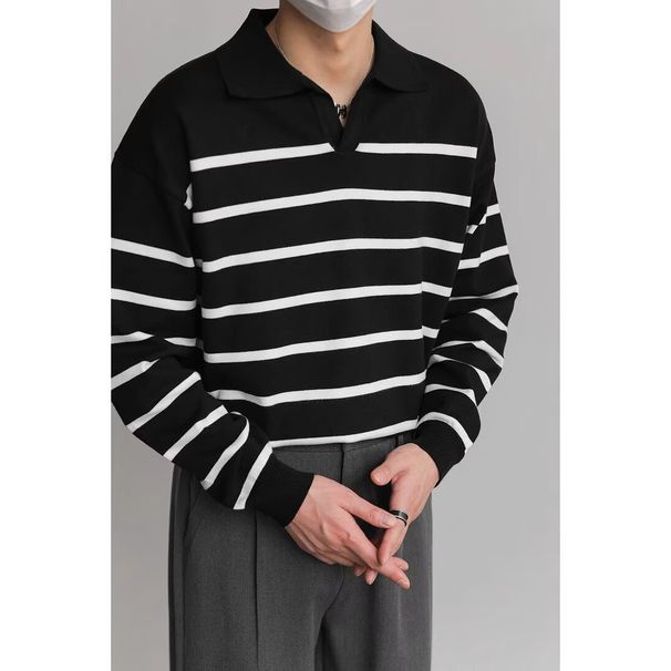 Polo Shirt V Neck Lapel Long Sleeved Knitted Sweater Men's Striped Light Luxury Business Old Money Style_viptrois.com