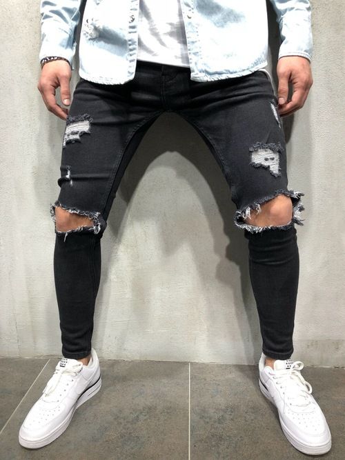 men's jeans, new ripped, slim fit, long pants popular small leg pants_viptrois.com