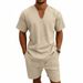Men's Casual Loose Linen Shorts Set V Neck Short Sleeved Summer Vacation Wear 7 Solid Colors Available_viptrois.com