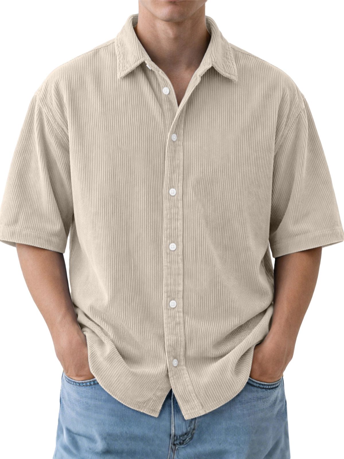 Men's Retro Corduroy Polo Shirt - Casual Loose Fit Turn Down Collar Short Sleeve Shirt For Spring & Autumn_viptrois.com