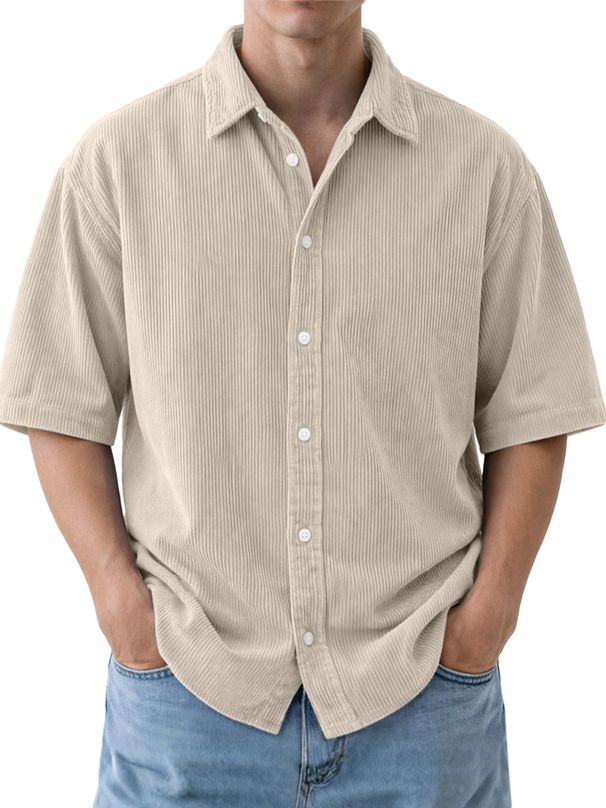 Men's Retro Corduroy Polo Shirt - Casual Loose Fit Turn Down Collar Short Sleeve Shirt For Spring & Autumn_viptrois.com