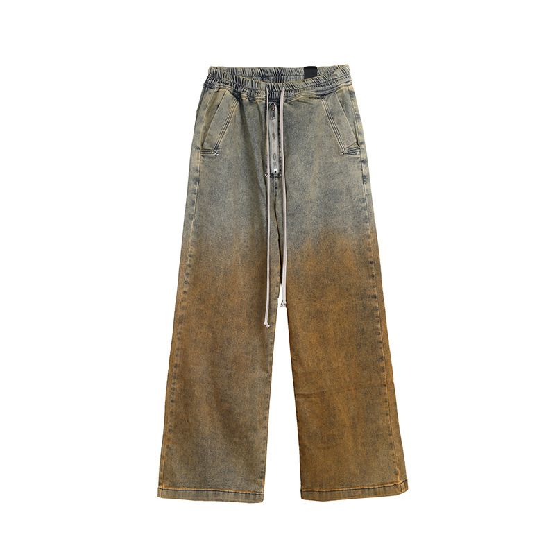 Men's Clothing Gradient Tie Dyed Khaki Wide Leg Loose Straight Leg Piled Distressed Jeans_viptrois.com
