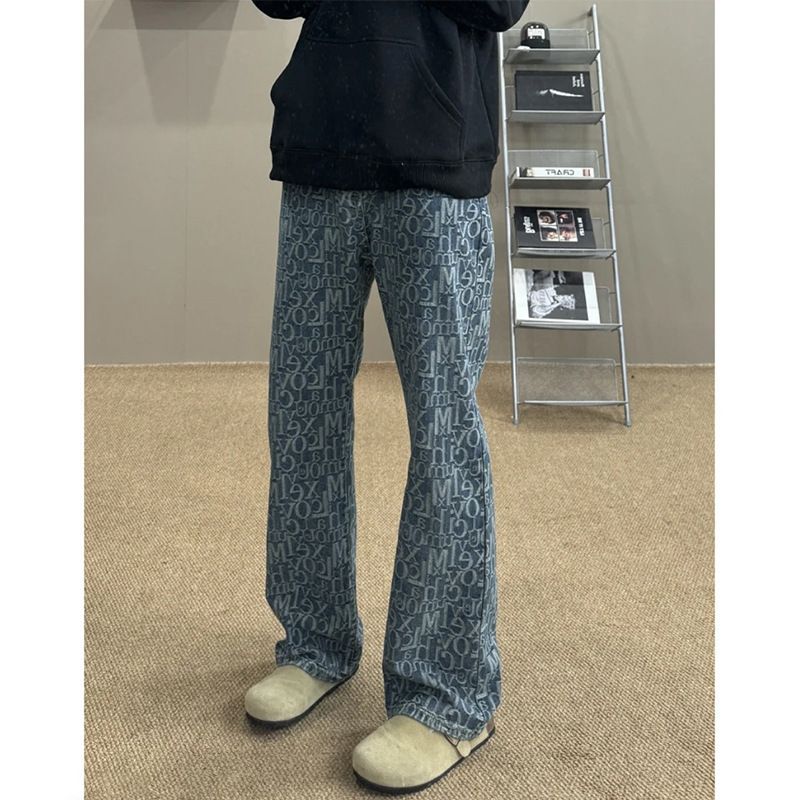 Men's Clothing Retro Letter Jacquard Jeans Men's Spring And Autumn High Street Full Print Pants Straight Leg Flared Pants Trend_viptrois.com