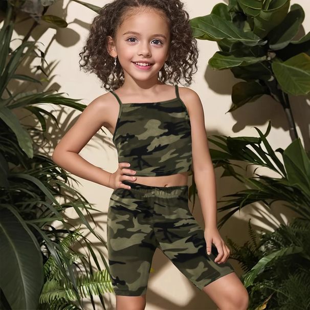 Mother & Kids INS Girls Summer Suspenders Leisure Camouflage Full Print 2 Piece Set Fashion Leisure Sports Suit_viptrois.com