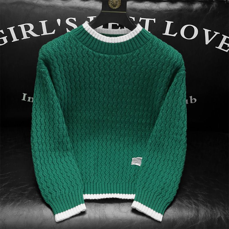 Men's Casual Knit Sweater – Soft Round Neck, Loose Fit, Versatile Solid Color (Green, Apricot, Dark Gray, Black)_viptrois.com