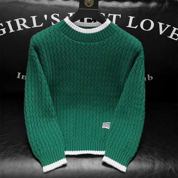 Men's Casual Knit Sweater – Soft Round Neck, Loose Fit, Versatile Solid Color (Green, Apricot, Dark Gray, Black)_viptrois.com