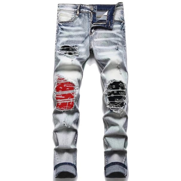 High-end Trendy Casual Patch Slim-fitting Small Feet Trendy Brand Washed Ripped High Street Embroidered Men's Jeans_viptrois.com