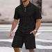 Men's Jacquard Short Sleeve T-Shirt & Shorts Set - Breathable Summer Casual Outfit With Button-Down Collar (White/Black/Grey/Sky Blue/Khaki, S-XXXL)_viptrois.com