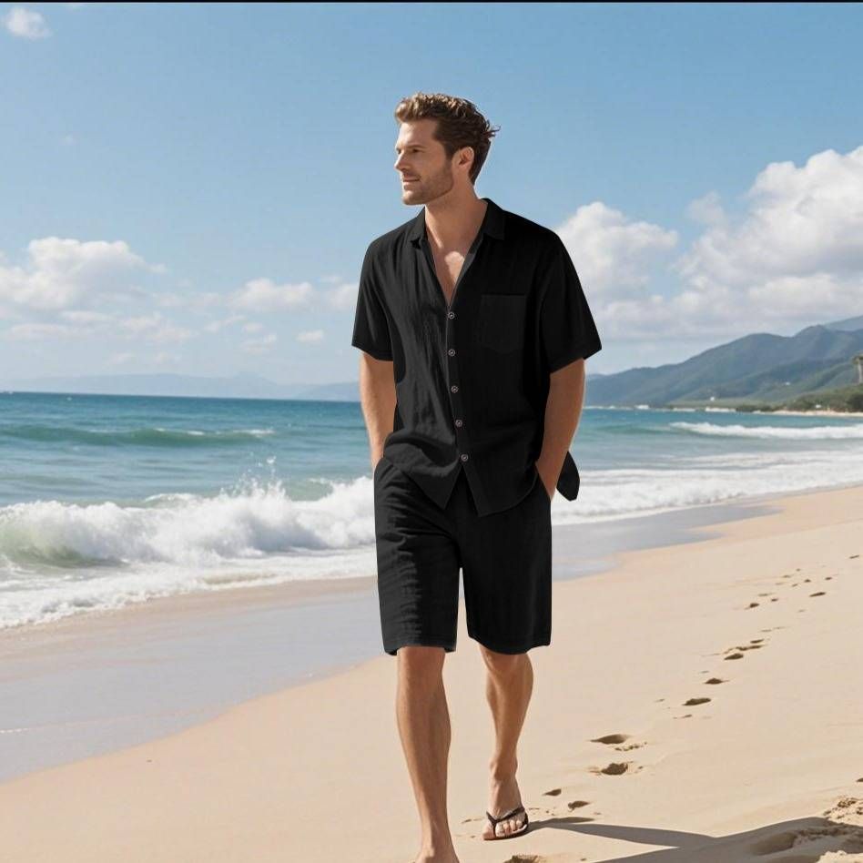 Men's Clothing Summer Linen Solid Color Lapel Button Casual Breathable Short Sleeved Shirt Beach Suit_viptrois.com