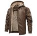 Men's Faux Leather Hooded Jacket – PU Coated Windbreaker, Warm Fleece Lined, Stylish Biker-Inspired Outerwear (S-XXXL, Dark Brown/Black/Red)_viptrois.com