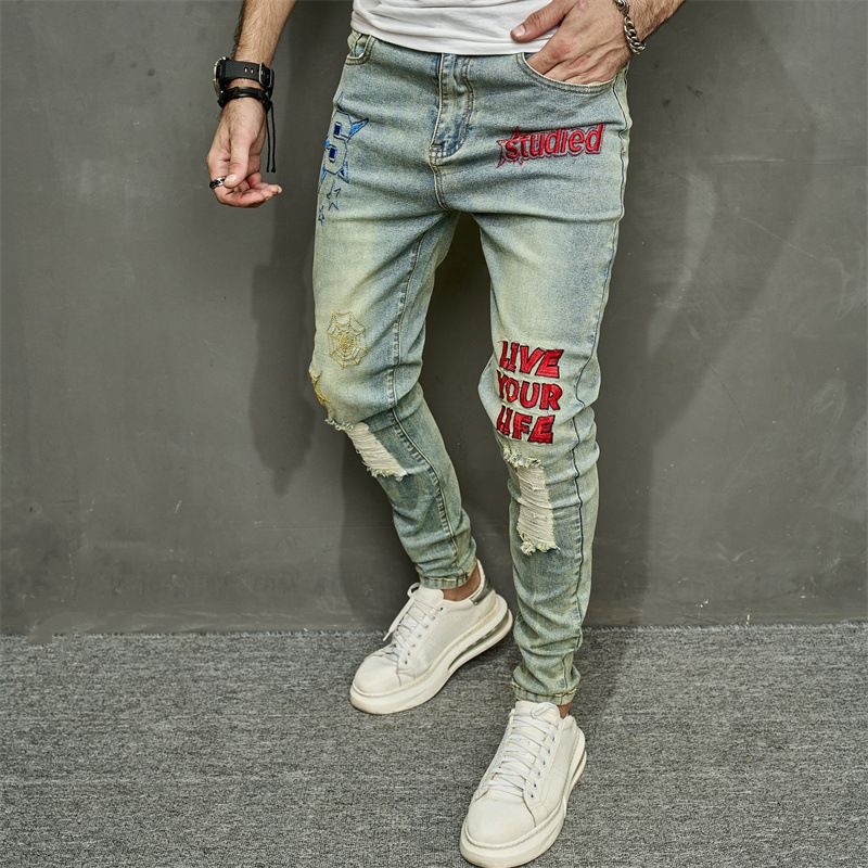 New Autumn Men's Jeans Casual Perforated Letter Slim Fit Small Foot Elastic Pants_viptrois.com