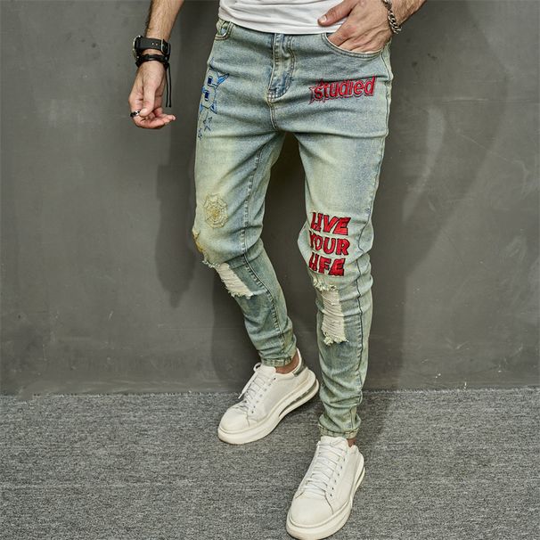 New Autumn Men's Jeans Casual Perforated Letter Slim Fit Small Foot Elastic Pants_viptrois.com