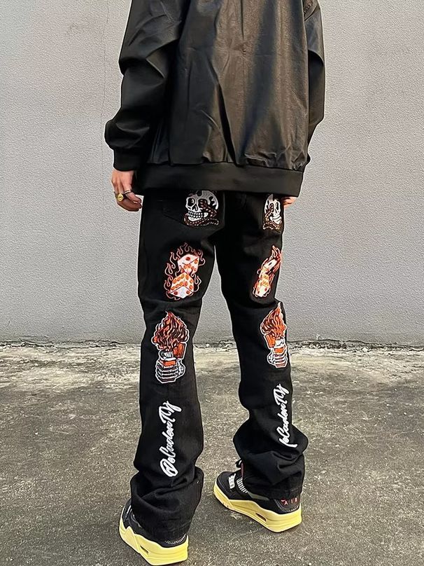 American Street Style Heavy-duty Washed Embroidered Jeans For Men, Trendy Hip-hop Straight-leg Slim-fit Pants_viptrois.com