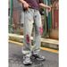 Men's Distressed Patchwork Baggy Jeans - Relaxed Fit Wide Leg Denim Pants With Contrast Applique_viptrois.com