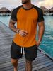2025 New Summer Men's Raglan Round-neck Short-sleeved Shirt + Cargo Shorts Two-piece Set_viptrois.com