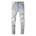 Men's Clothing Distressed Patched Jeans Men's Stretch Slim Fit Distressed Jeans With Patchwork, Comfortable Straight Leg Denim Pants For Casual Wear_viptrois.com