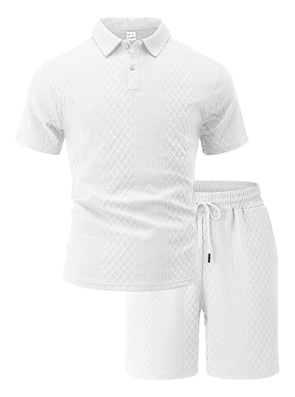 New Men's Polo Shirt With Collar, Short Sleeve, Short Pants, Textured Jacquard Fabric, Casual, Breathable, Sports Outfit, Large Size Set_viptrois.com