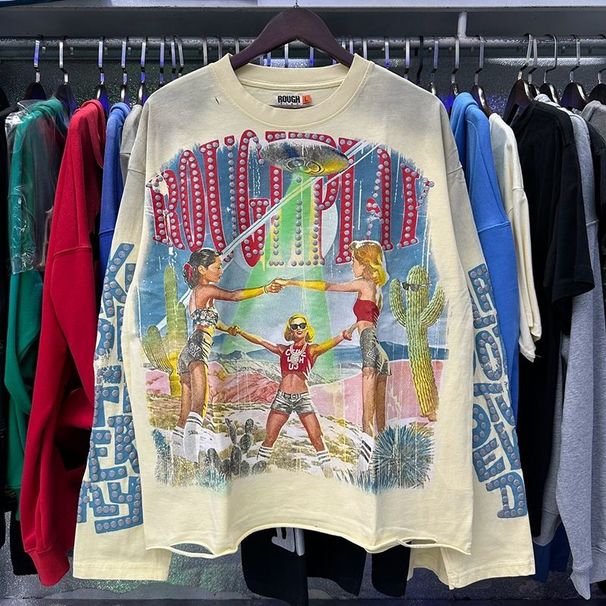 Rough Play Trendy Style Letter Print Retro High Street Loose Unisex Long-sleeve T-shirt For Summer_viptrois.com