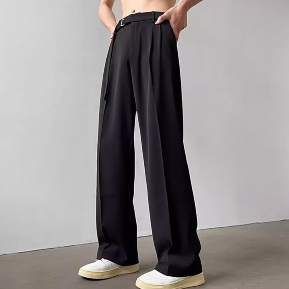 Men's Black Casual Suit Pants Japanese Style Spring/Summer Light Luxury High Quality Drape Loose Straight Leg Wide Leg Trousers_viptrois.com