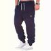 Men's Casual Jogger Pants With Leather Label - Polyester Fleece-Lined Sweatpants For Winter, Elastic Cuffs, Relaxed Fit, Solid Color_viptrois.com