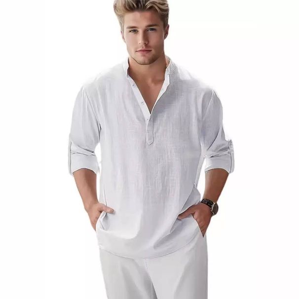 2025 New Men's Linen Long-sleeved Shirt, Loose Fit, Pure Color, Versatile Top_viptrois.com