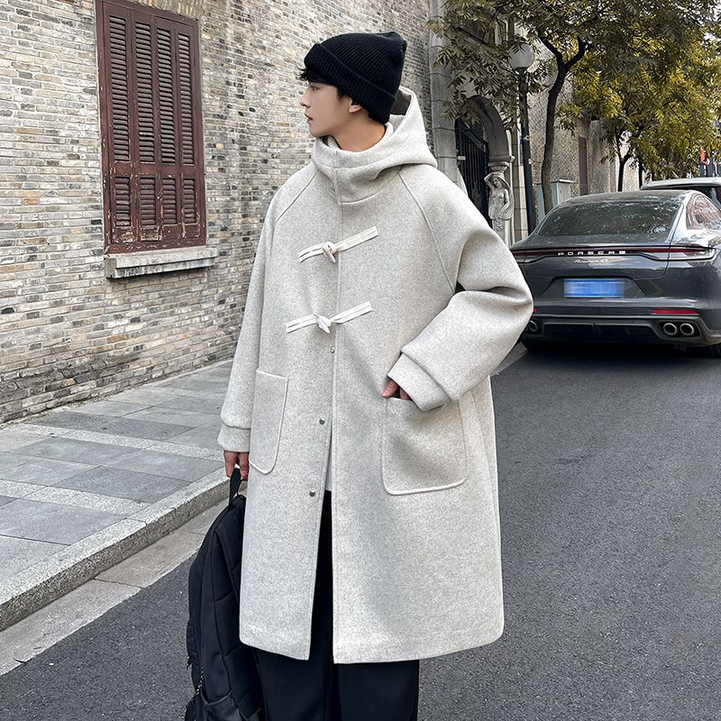 Winter High-end Men's Long Hooded Cow Horn Buttoned Woolen Coat, Loose Woolen Coat, Windbreaker, Fashionable Men's Clothing_viptrois.com