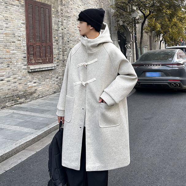 Winter High-end Men's Long Hooded Cow Horn Buttoned Woolen Coat, Loose Woolen Coat, Windbreaker, Fashionable Men's Clothing_viptrois.com