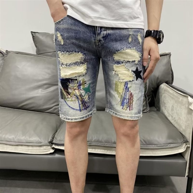Men's Clothing Fashionable And Stylish Personalized Embroidered Denim Shorts Slim Fitting Skinny Pants Summer Thin Style Ripped Shorts_viptrois.com