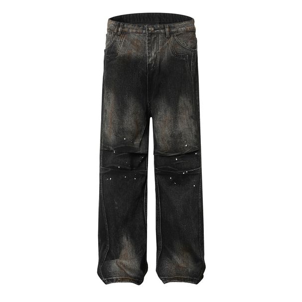 Heavy-duty Washed Gradiet Workwear Deim Wastelad Style Vitage Dirty Desig Wrikled Splash Straight-leg Pats For_viptrois.com