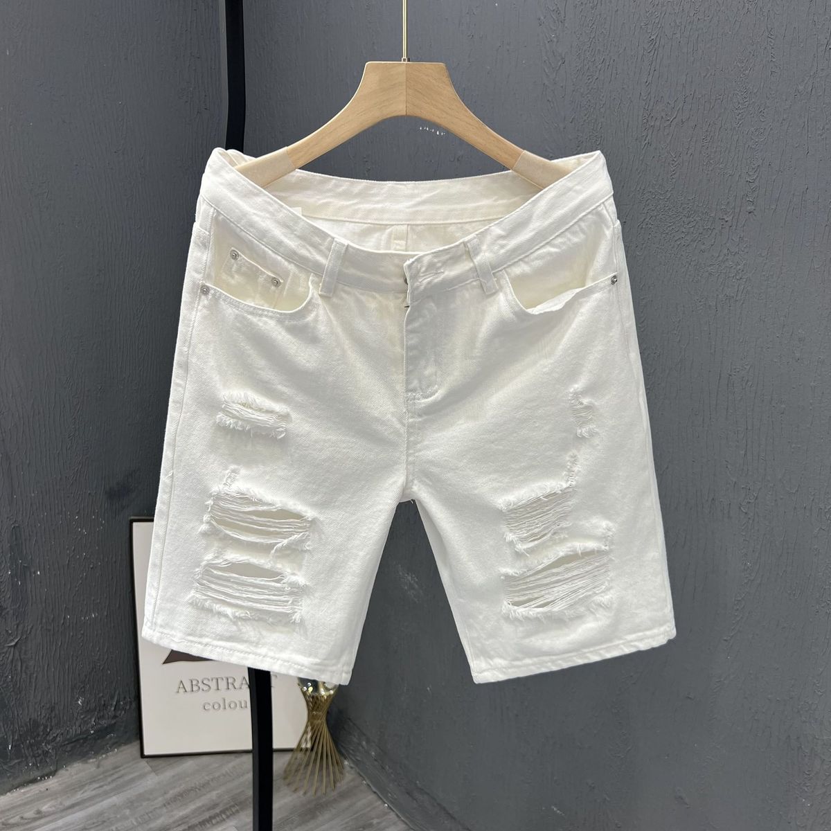 Men's Summer Thin White Ripped Denim Shorts Style Trendy Slim Fit Mid-Length Five Point Pants Oversized_viptrois.com