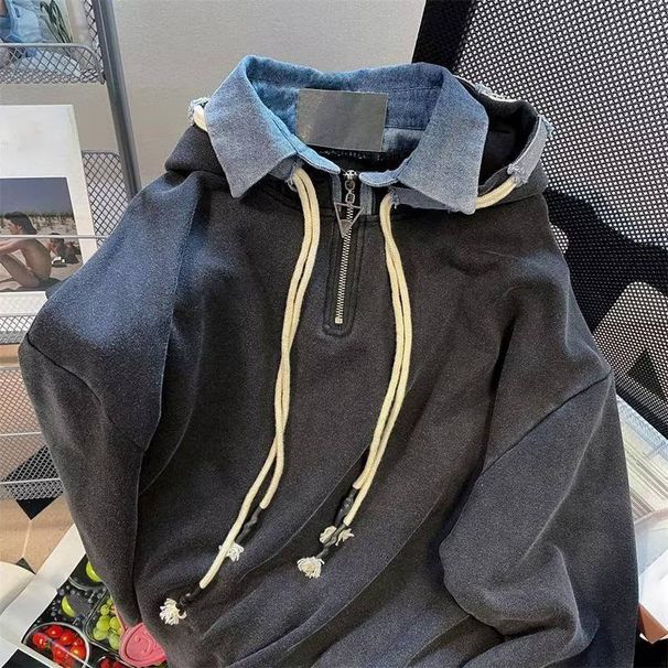 Men's Clothing Cool Denim Splicing Hooded Sweatshirt High Street New Style Old Washed Two Piece Jacket_viptrois.com